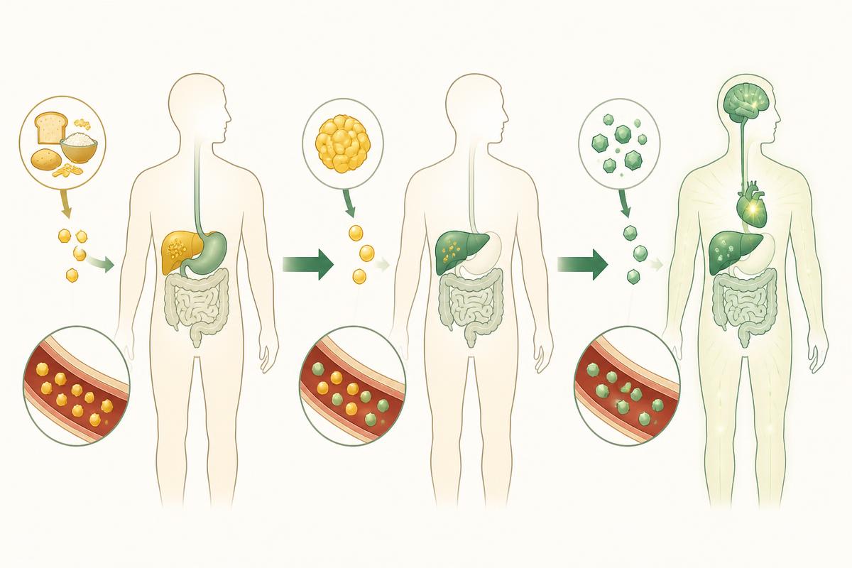Infografik: wie Vitaslimex Diet den Stoffwechsel von Zucker- auf Fettverwertung umstellt